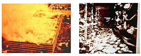 Image of burning National Personnel Records Center on left with image of destroyed and damaged records on right