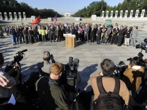 Veterans groups gathered at the World War II Memorial on October 15 calling for an end to the government shutdown.